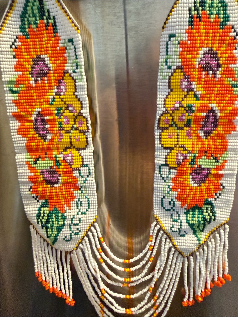 Hand-Beaded Floral Statement Necklace in Orange, Yellow & White with, earrs brac - Picture 3 of 5